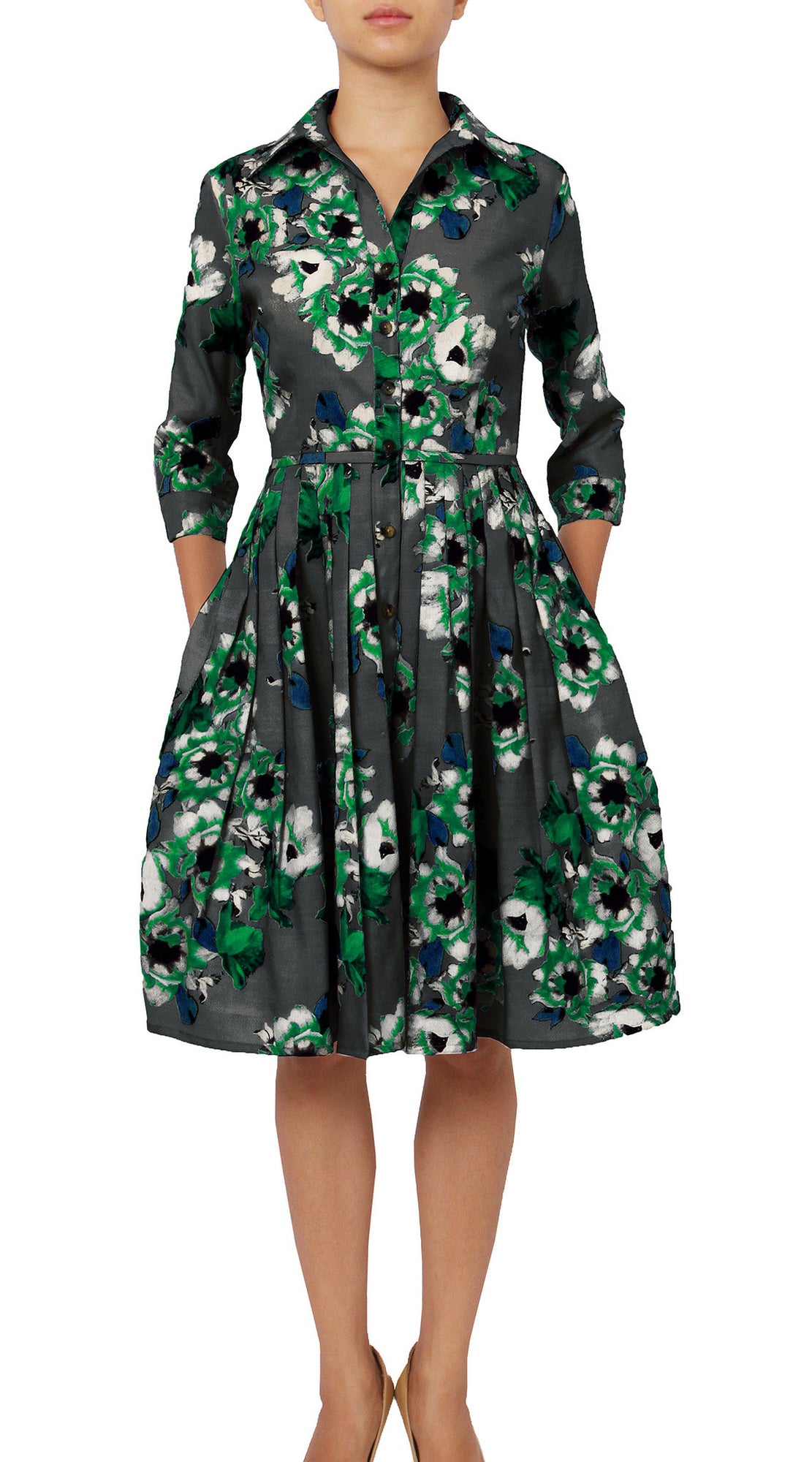 Audrey Dress #2 Shirt Collar 3/4 Sleeve Regular Wool Silk Stretch (Holland Master Dark)