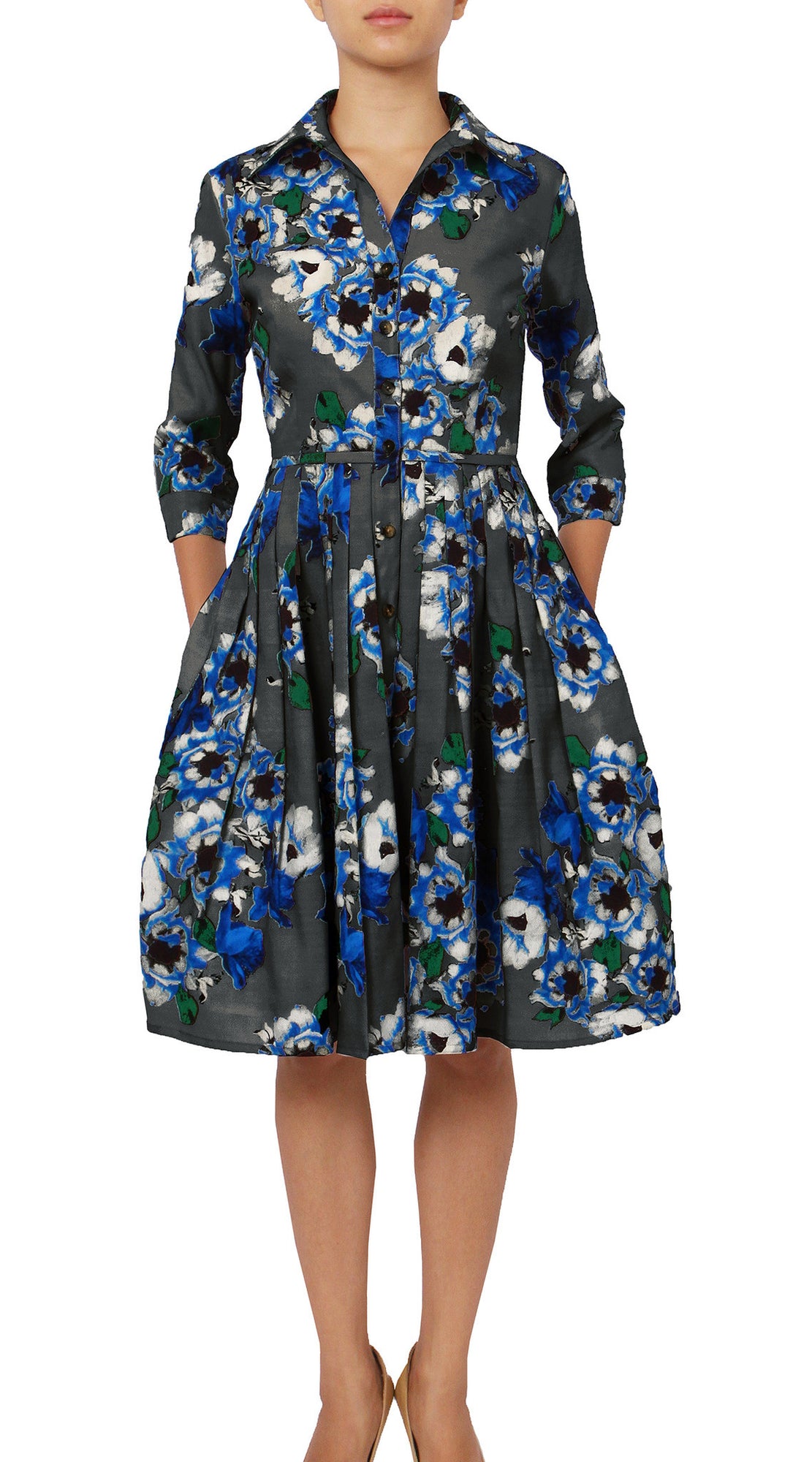 Audrey Dress #2 Shirt Collar 3/4 Sleeve Regular Wool Silk Stretch (Holland Master Dark)