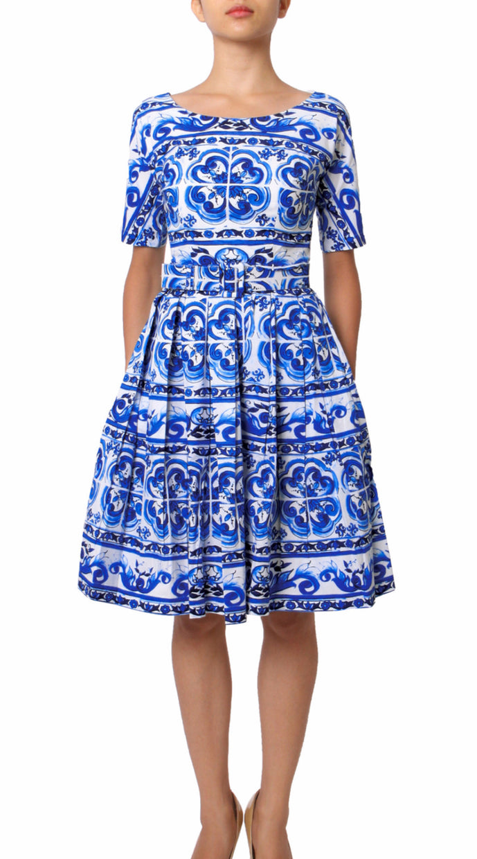 1/2 Sleeve | Ibiza Tile | White Cobalt Blue | Front | Dress By Samantha Sung