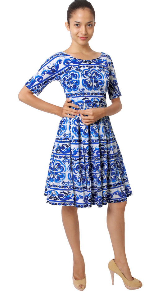 1/2 Sleeve | Ibiza Tile | White Cobalt Blue | Front-1 | Dress By Samantha Sung