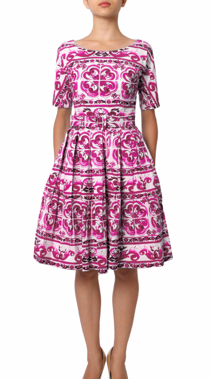 1/2 Sleeve | Ibiza Tile | White Pink | Front | Dress By Samantha Sung