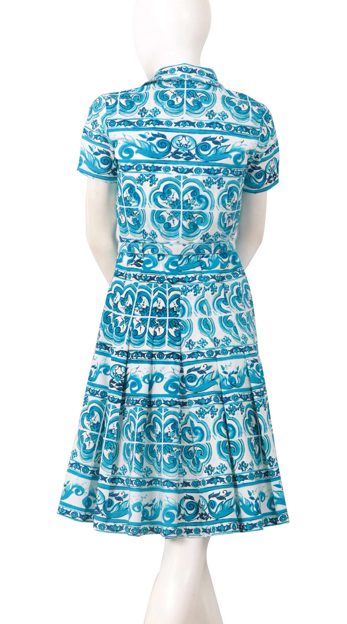 Short Sleeve | Ibiza Tile | White Aqua | Back | Shirt Dress By Samantha Sung