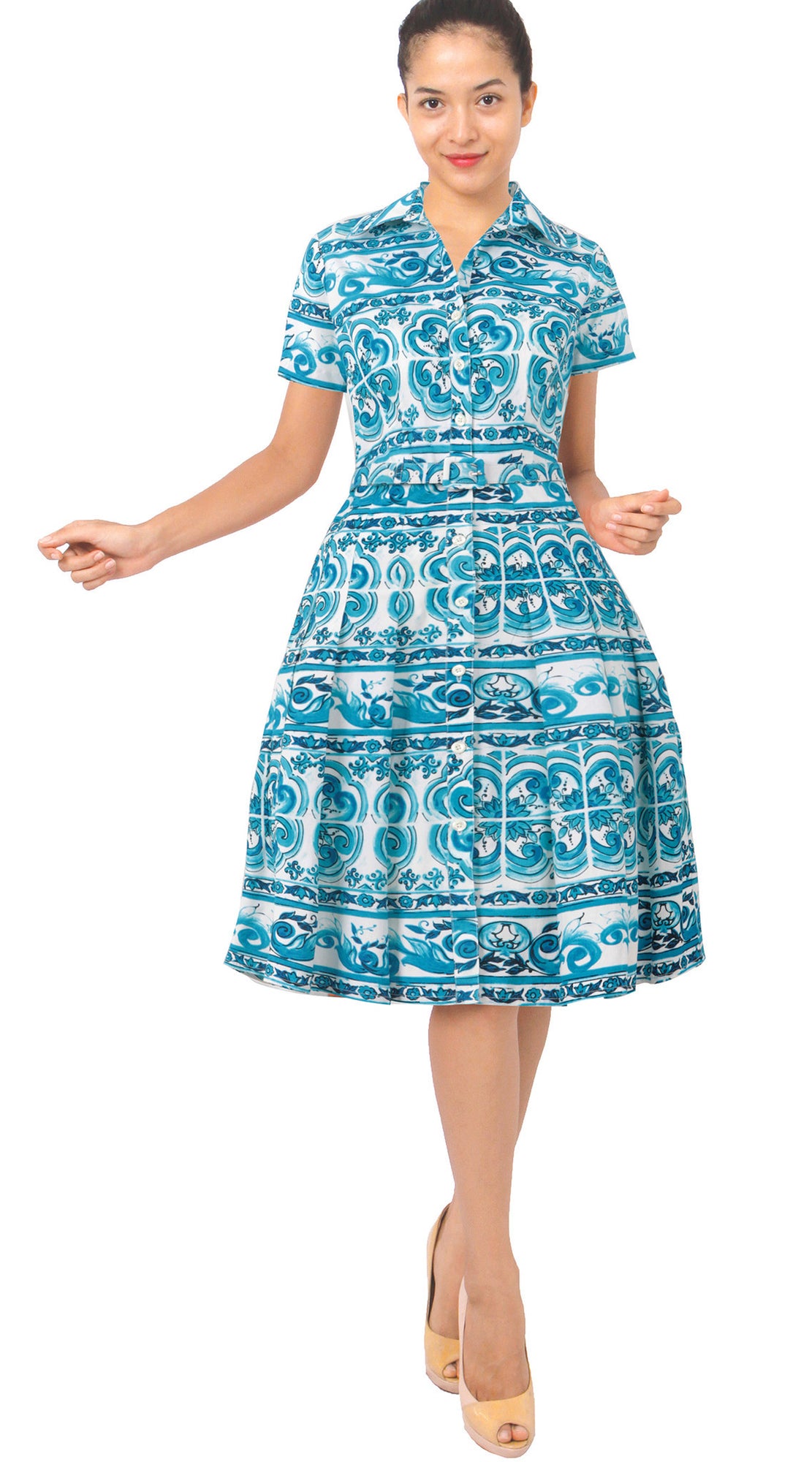 Short Sleeve | Ibiza Tile | White Aqua | Front | Shirt Dress By Samantha Sung