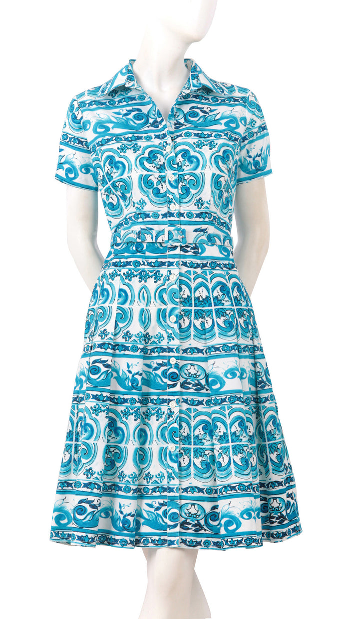 Short Sleeve | Ibiza Tile | White Aqua | Front | Shirt Dress By Samantha Sung
