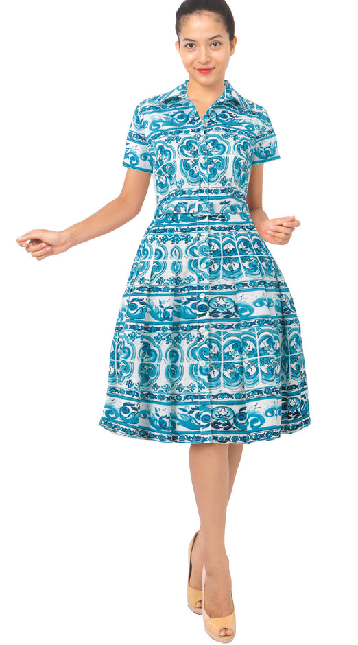 Short Sleeve | Ibiza Tile | White Aqua | Front | Shirt Dress By Samantha Sung