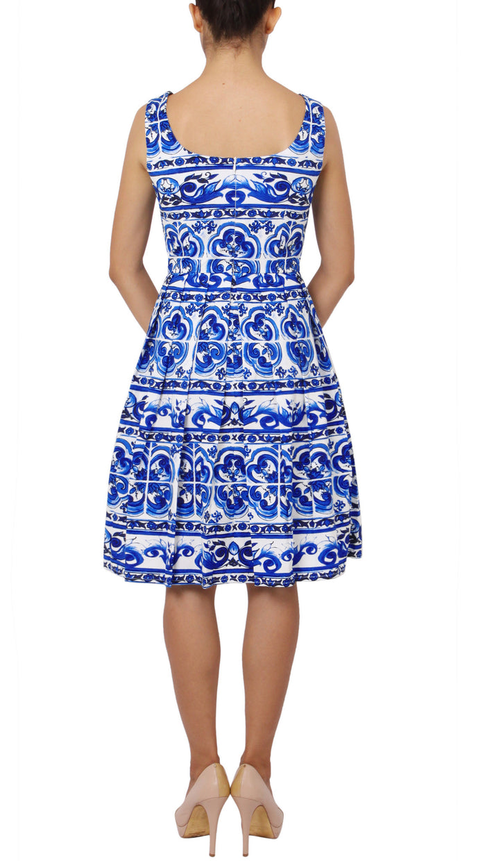 Sleeveless | Ibiza Tile | White Cobalt Blue | Back | Dress By Samantha Sung