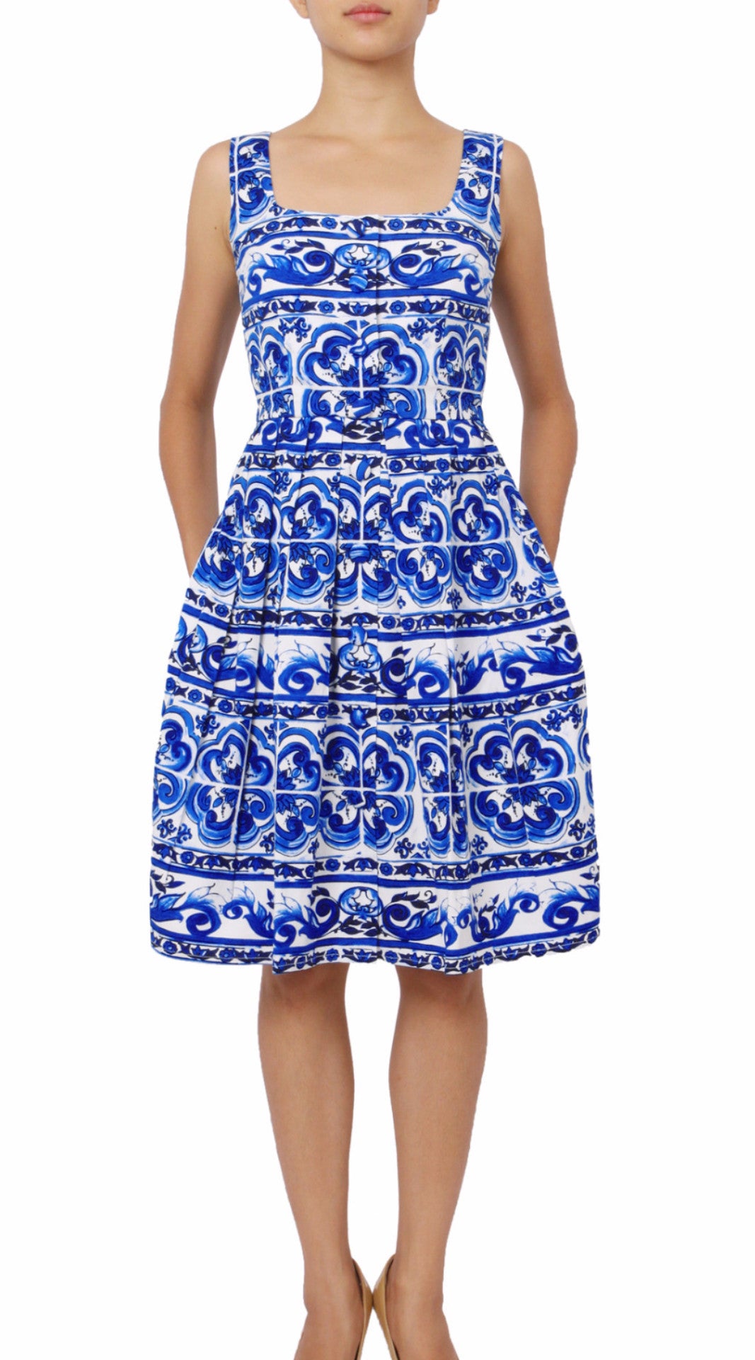 Sleeveless | Ibiza Tile | White Cobalt Blue | Front | Dress By Samantha Sung
