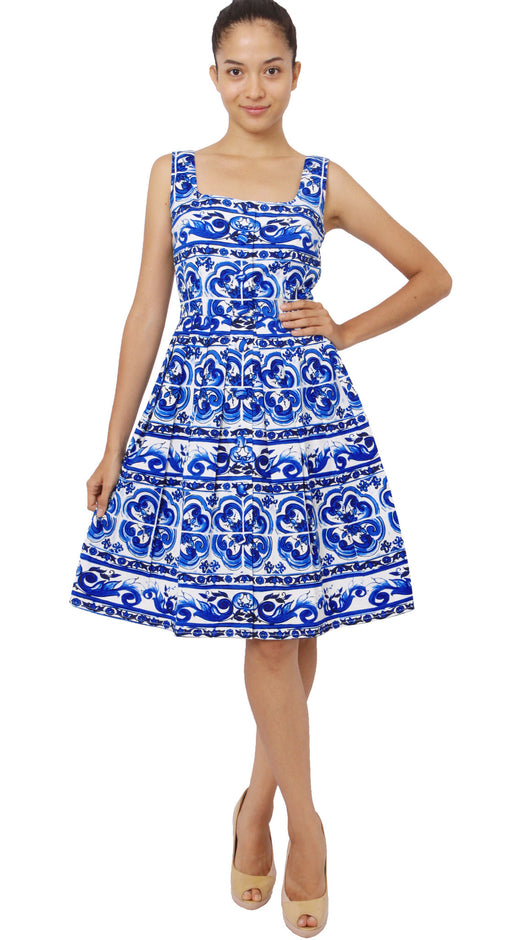Sleeveless | Ibiza Tile | White Cobalt Blue | Front-1 | Dress By Samantha Sung