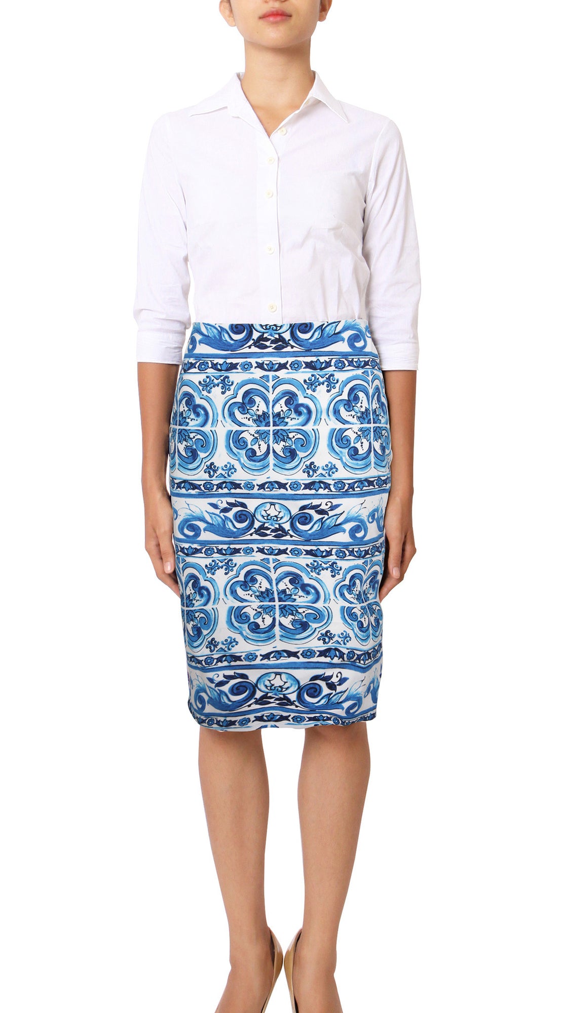 Regular | Ibiza Tile | White Cobalt Blue | Front | Skirt By Samantha Sung