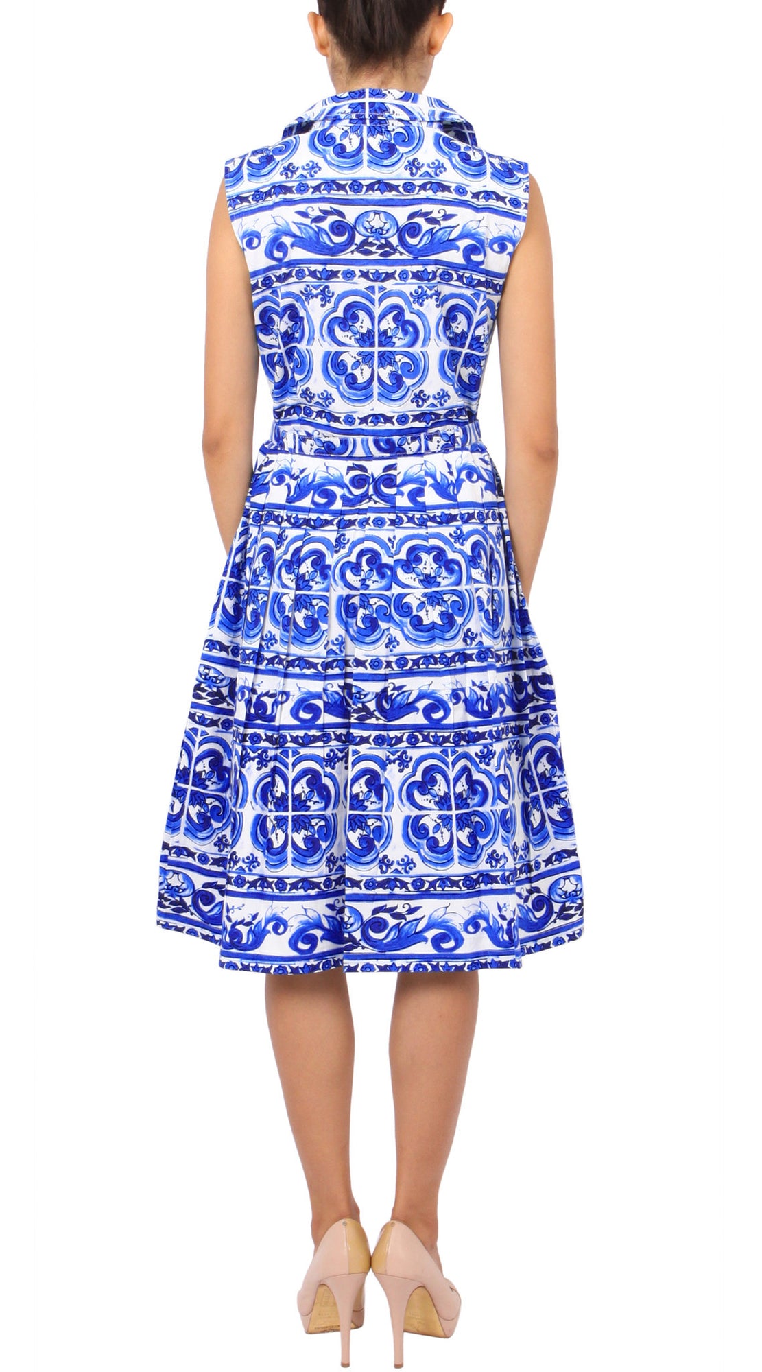Sleeveless | Ibiza Tile | White Cobalt Blue | Back | Shirt Dress By Samantha Sung