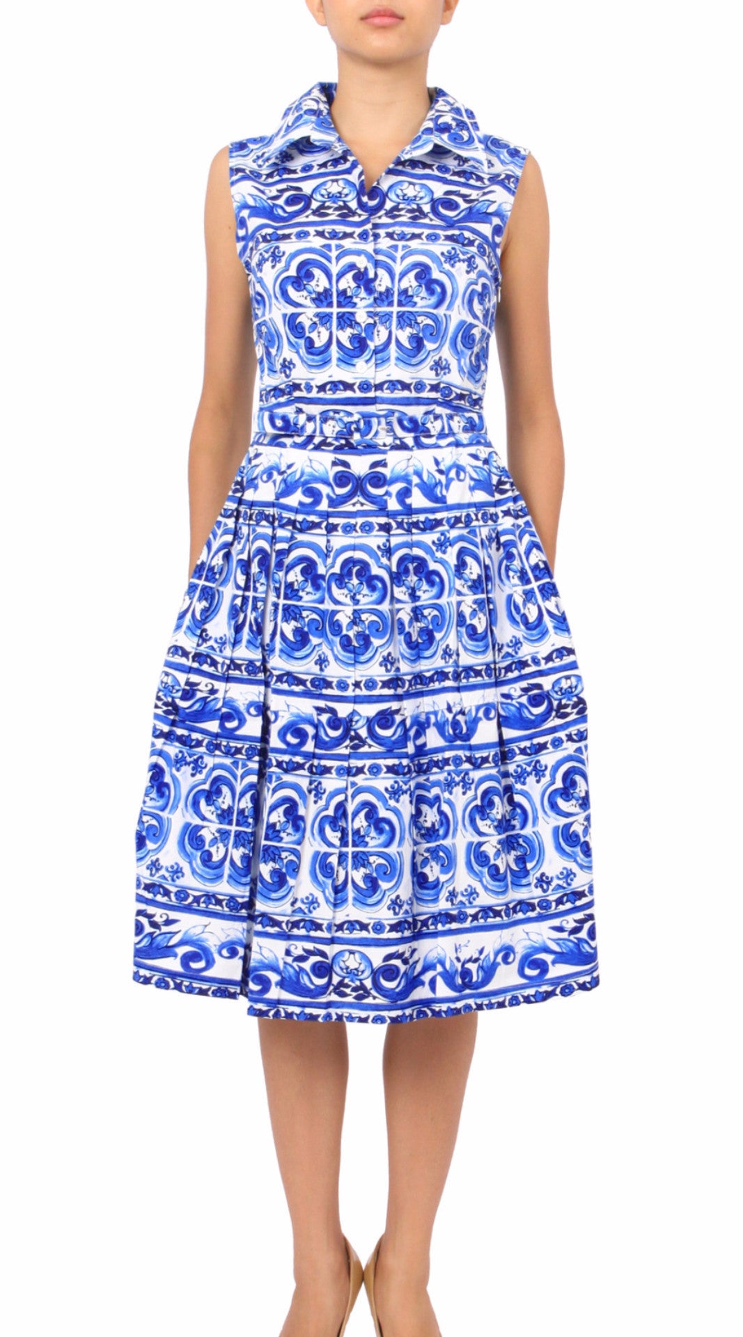 Sleeveless | Ibiza Tile | White Cobalt Blue | Front | Shirt Dress By Samantha Sung