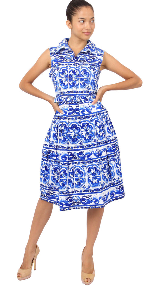 Sleeveless | Ibiza Tile | White Cobalt Blue | Front-1 | Shirt Dress By Samantha Sung
