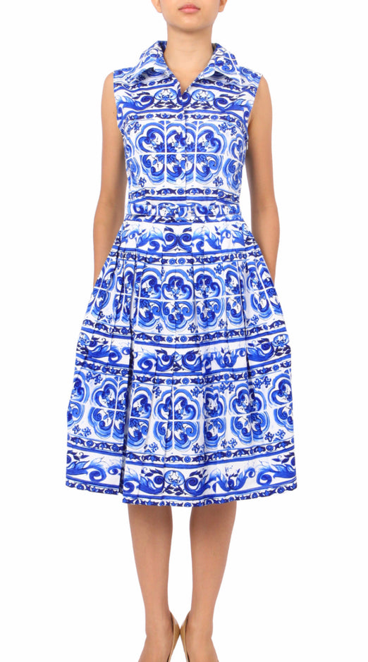 Sleeveless | Ibiza Tile | White Cobalt Blue | Front-1 | Shirt Dress By Samantha Sung