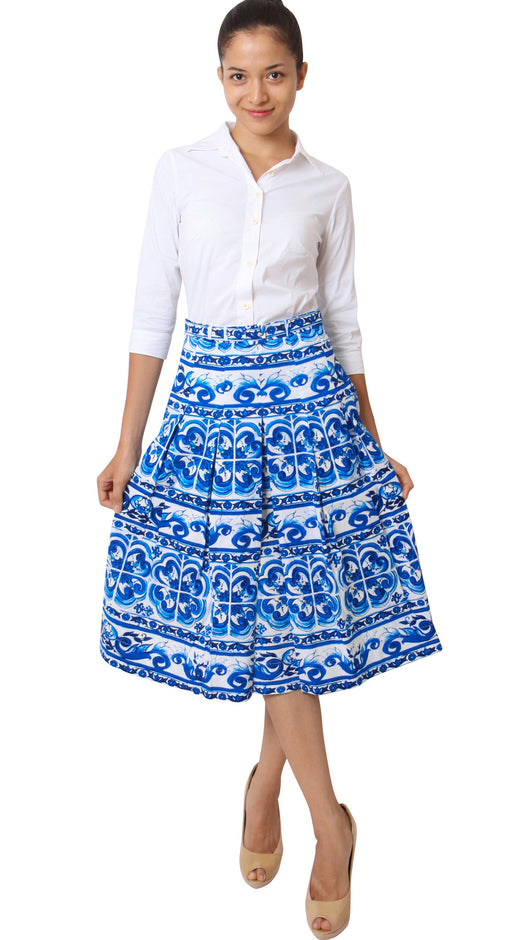 Midi  | Ibiza Tile | White Cobalt Blue | Front | Skirt By Samantha Sung