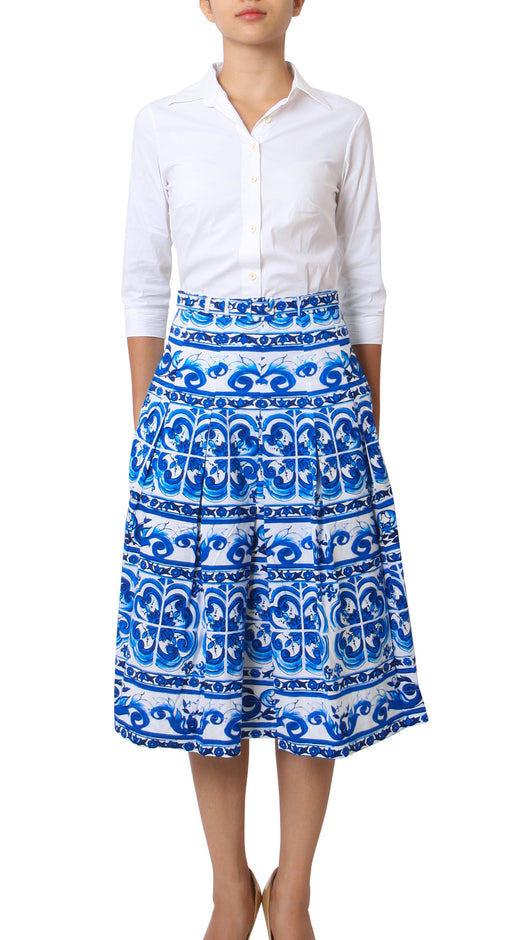 Midi  | Ibiza Tile | White Cobalt Blue | Front | Skirt By Samantha Sung