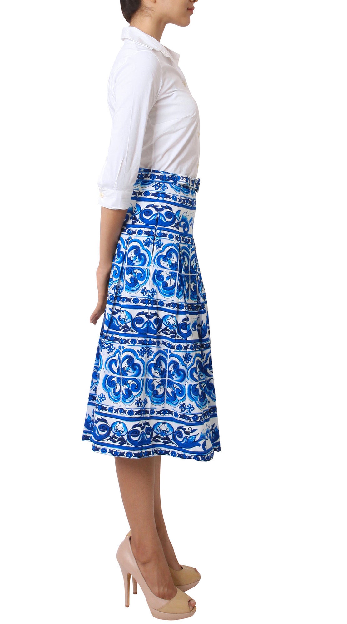 Midi  | Ibiza Tile | White Cobalt Blue | Right | Skirt By Samantha Sung