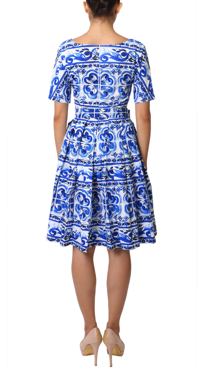 1/2 Sleeve | Ibiza Tile | White Cobalt Blue | Back | Dress By Samantha Sung