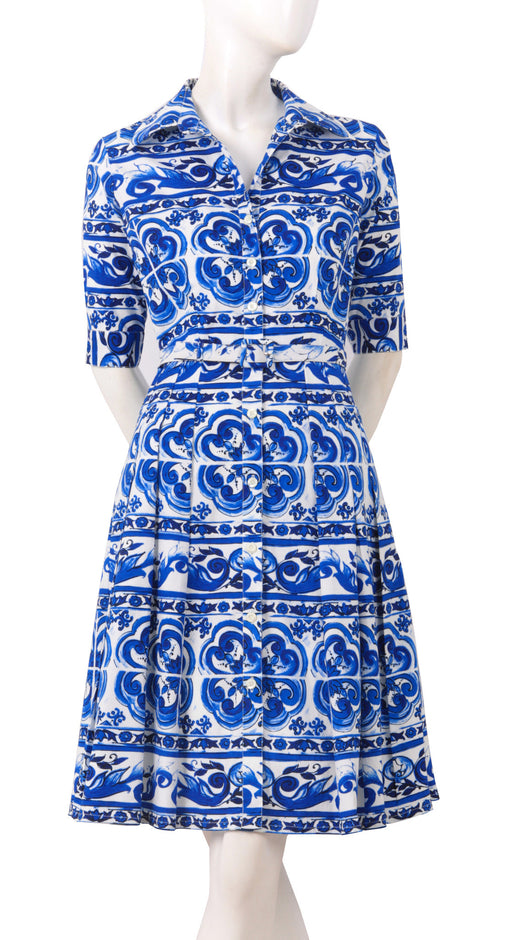 1/2 Sleeve | Ibiza Tile | White Cobalt Blue | Front | Shirt Dress By Samantha Sung