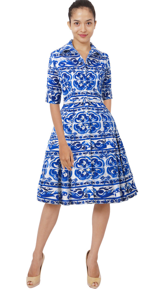 1/2 Sleeve | Ibiza Tile | White Cobalt Blue | Front | Shirt Dress By Samantha Sung