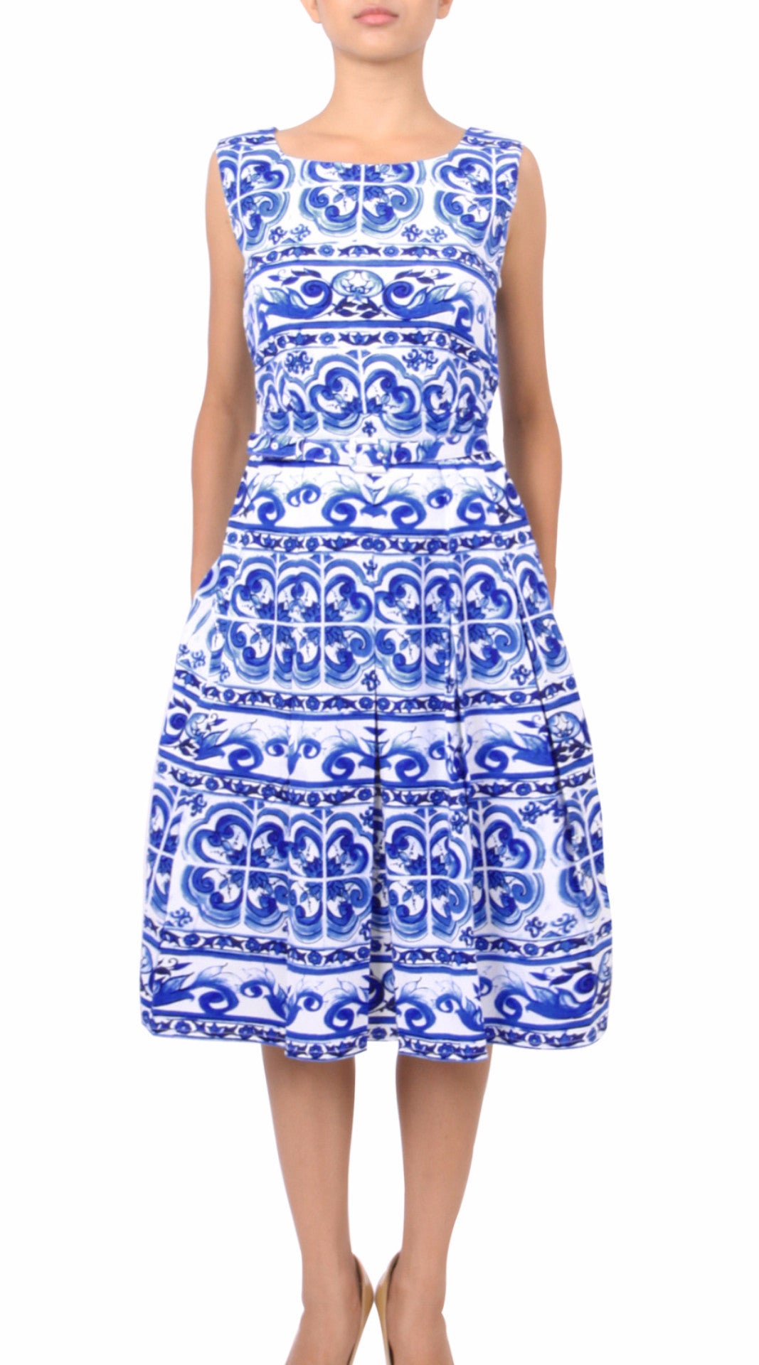 Sleeveless | Ibiza Tile | White Cobalt Blue | Front | Dress By Samantha Sung