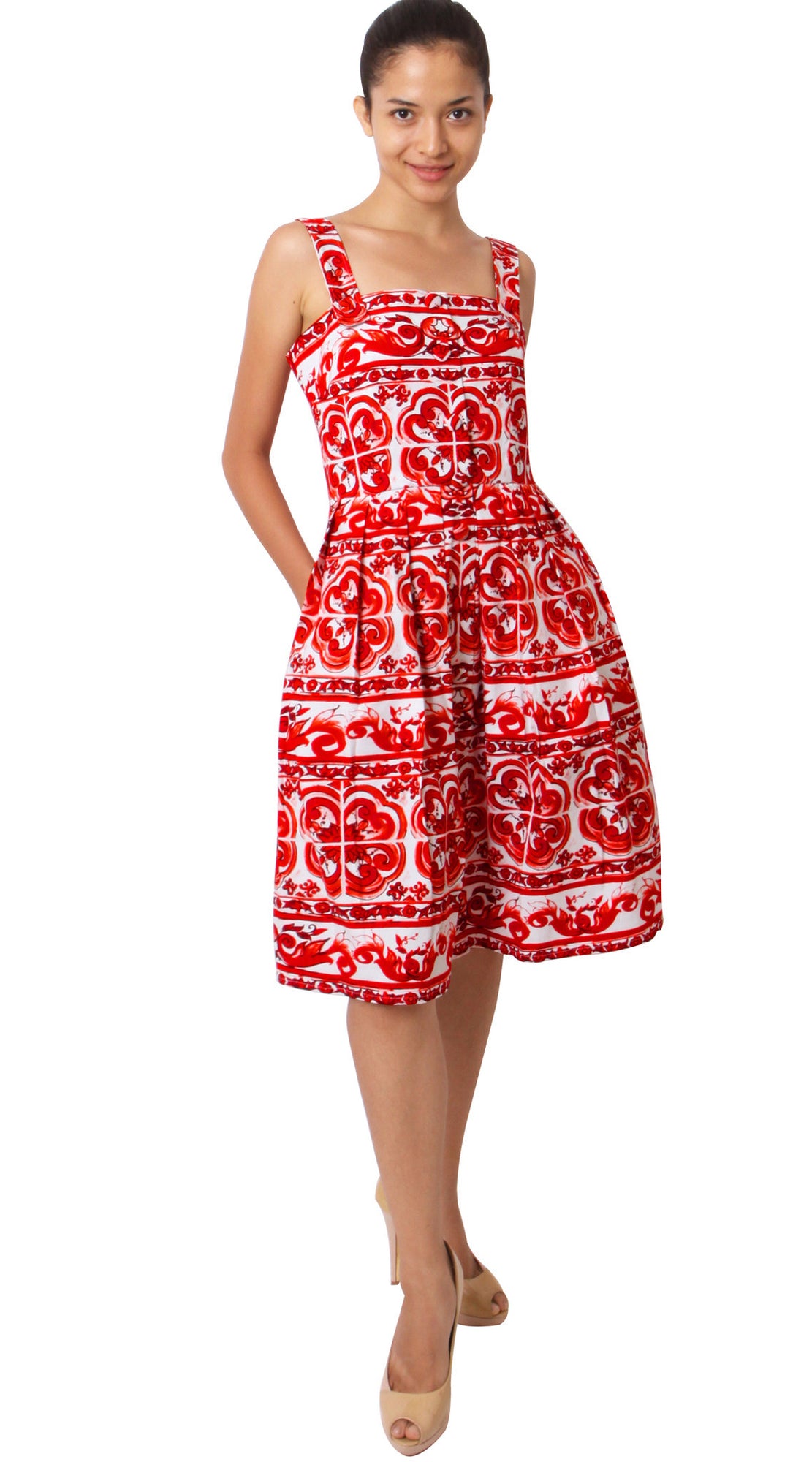 Strap Shoulder | Ibiza Tile | White Indian Red | Front-1 | Dress By Samantha Sung