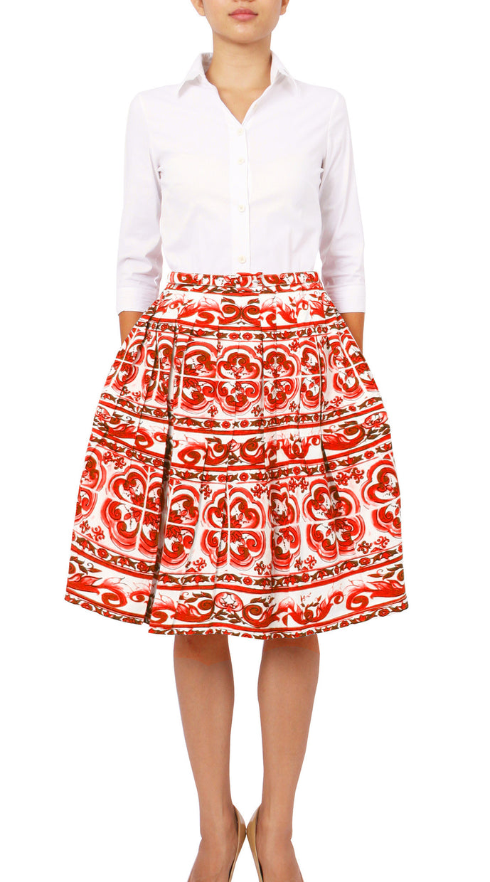 Regular | Ibiza Tile | White Indian Red | Front | Skirt By Samantha Sung