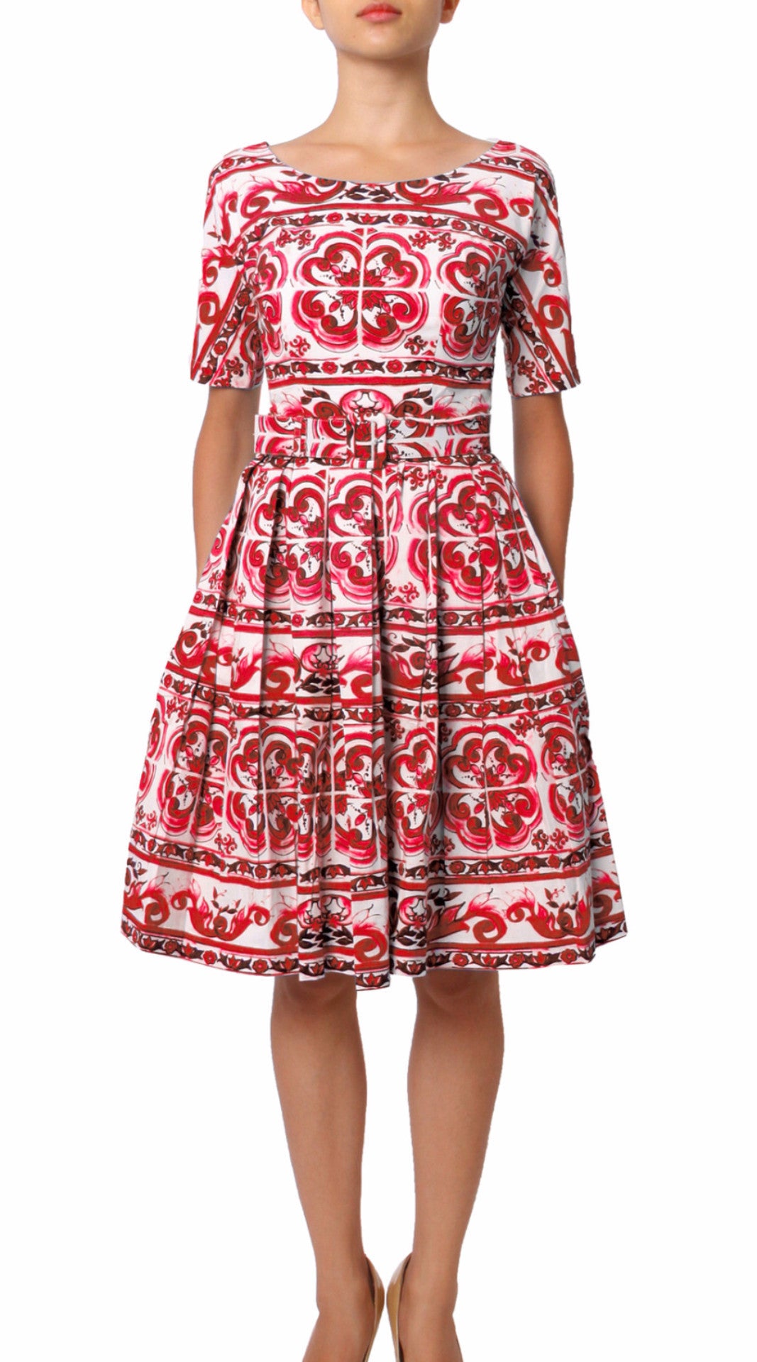 1/2 Sleeve | Ibiza Tile | White Indian Red | Front | Dress By Samantha Sung