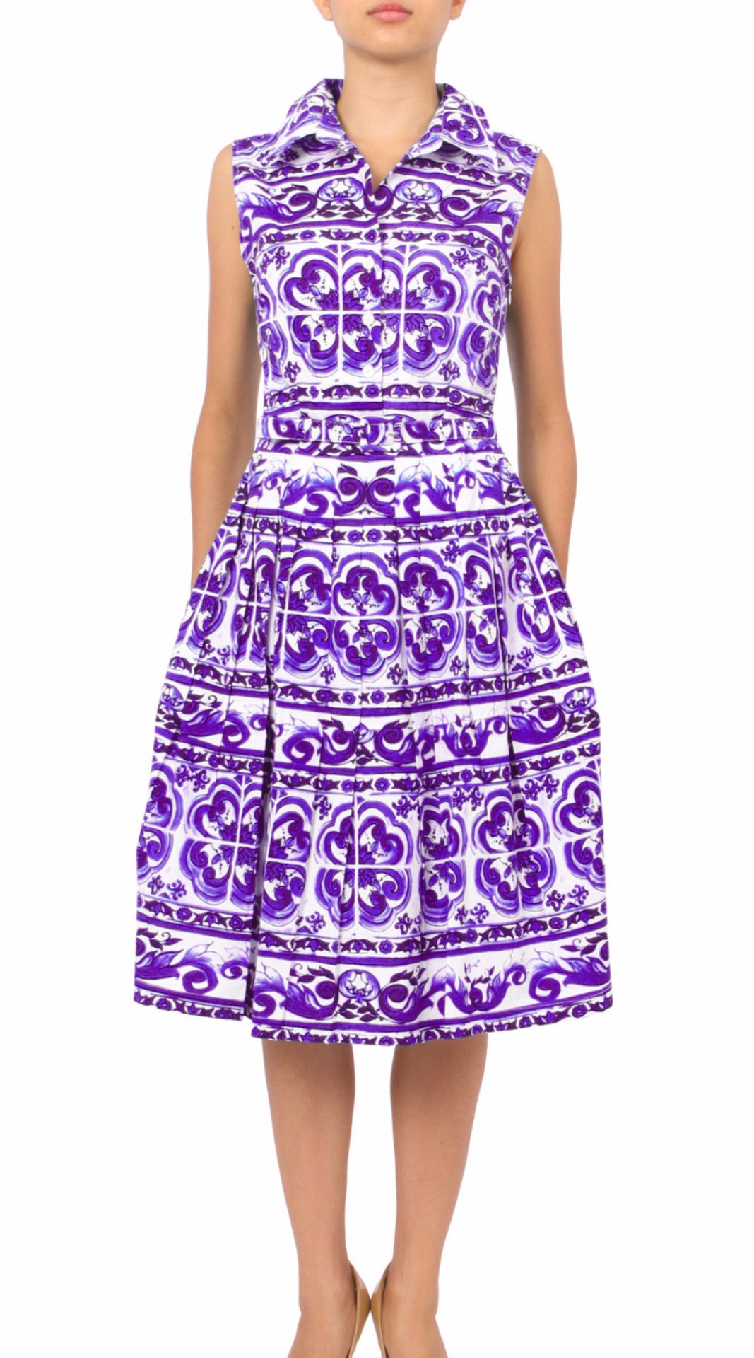 Sleeveless | Ibiza Tile | White Lilac | Front | Shirt Dress By Samantha Sung