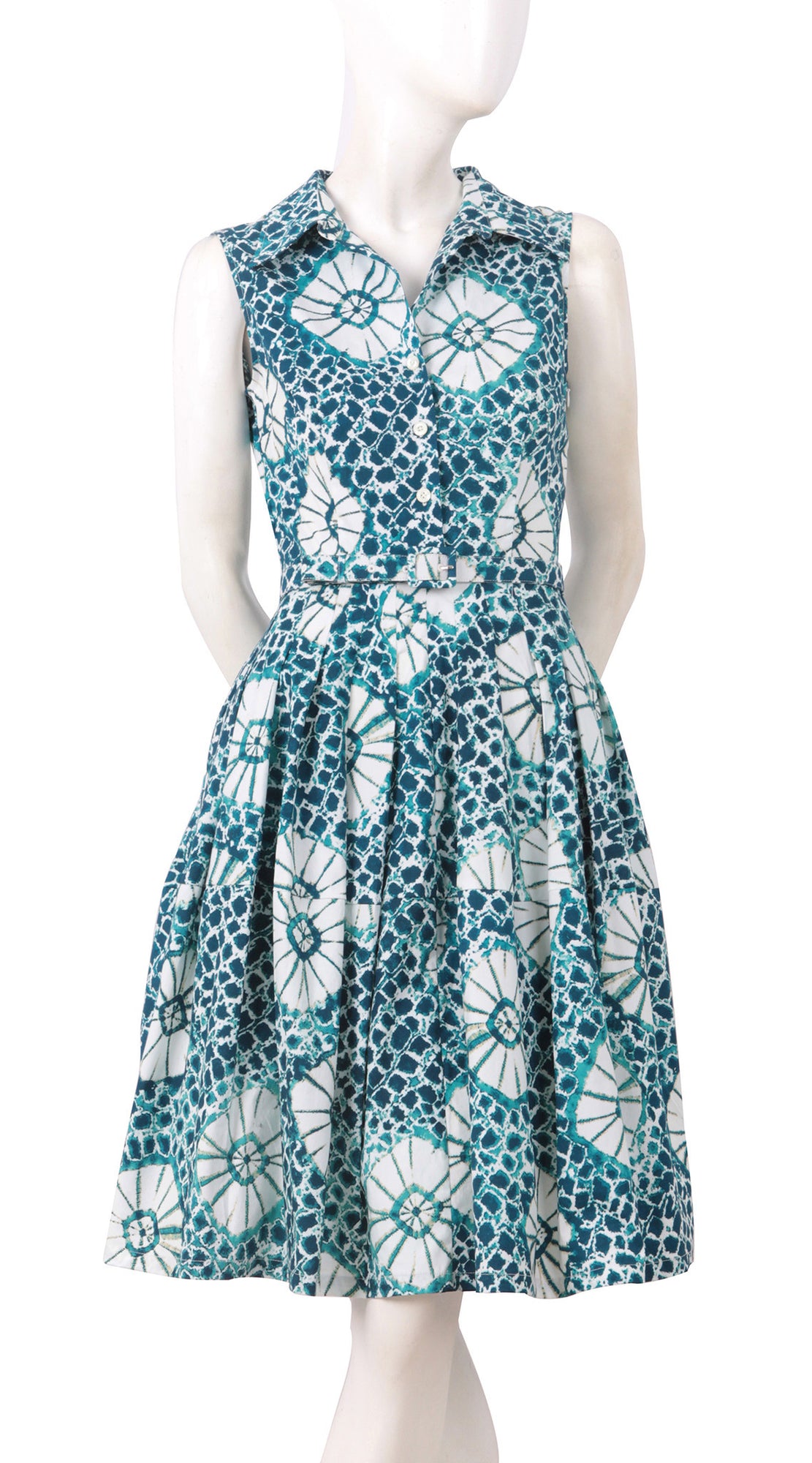Sleeveless | Itajime Shibori | Aqua White | Front | Shirt Dress By Samantha Sung