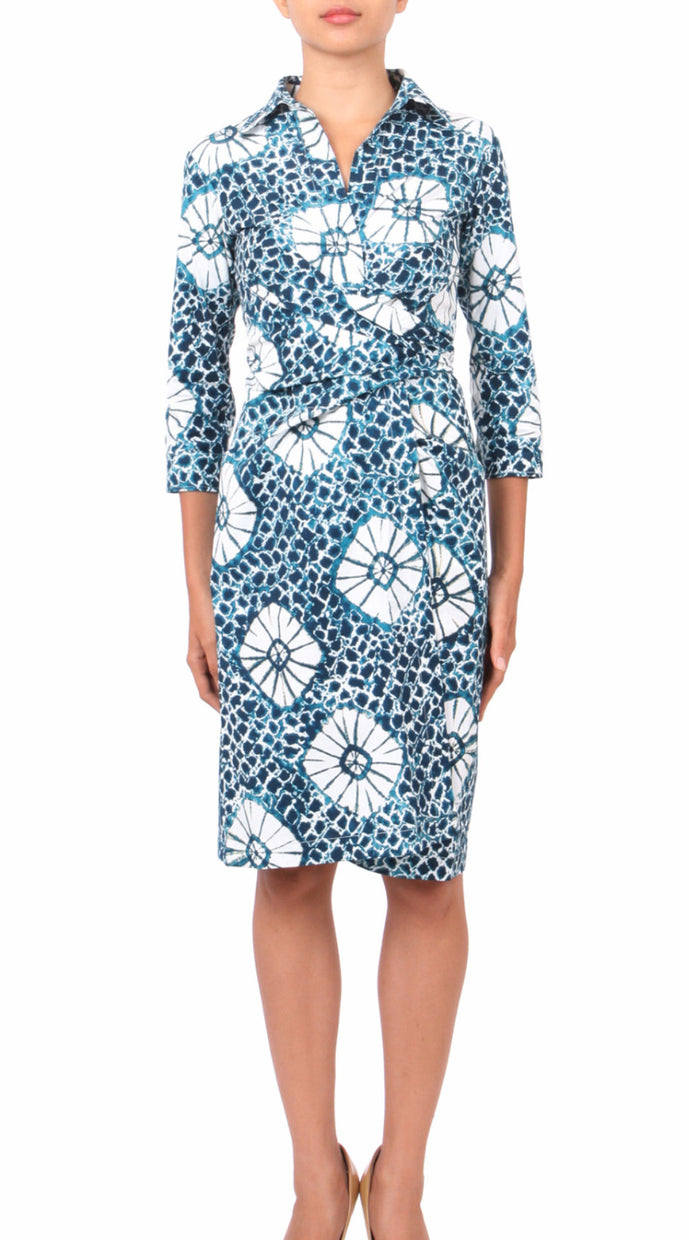 3/4 Sleeve | Jean Arp | Aqua White | Front | Shirt Dress By Samantha Sung