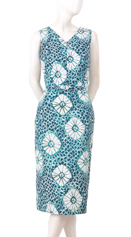 Sleeveless | Itajime Shibori | Aqua White | Front | Dress By Samantha Sung