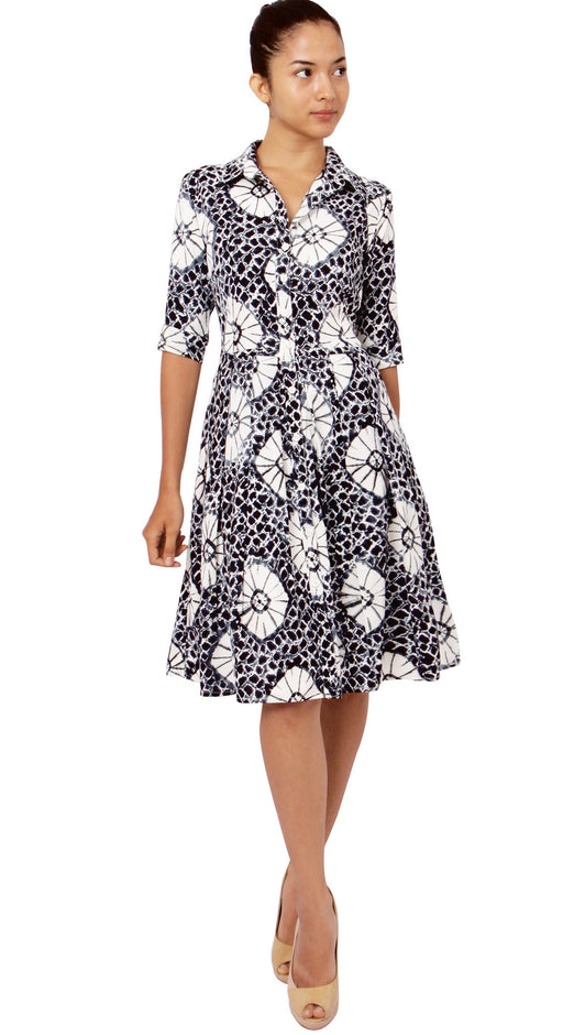1/2 Sleeve | Itajime Shibori | Black White | Front-1 | Shirt Dress By Samantha Sung