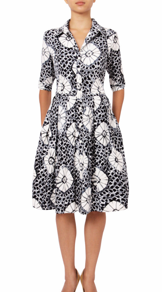 1/2 Sleeve | Itajime Shibori | Black White | Front-1 | Shirt Dress By Samantha Sung