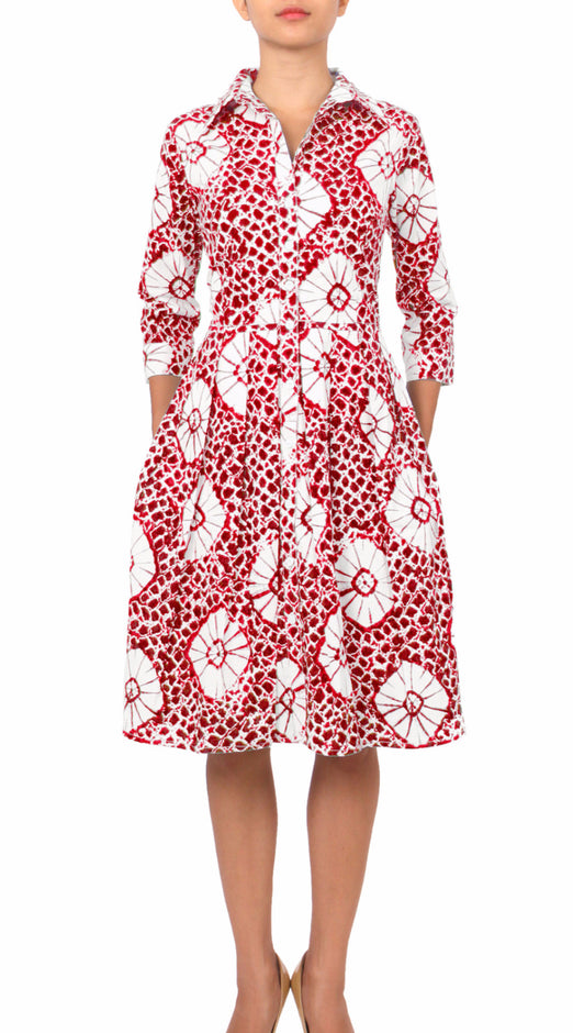 3/4 Sleeve | Itajime Shibori | Indigo White | Front-1 | Shirt Dress By Samantha Sung
