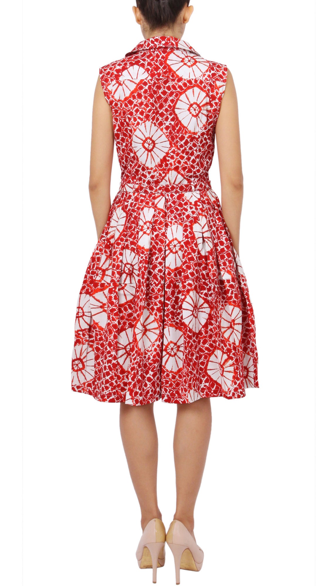 Sleeveless | Itajime Shibori | Indian Red White | Back | Shirt Dress By Samantha Sung