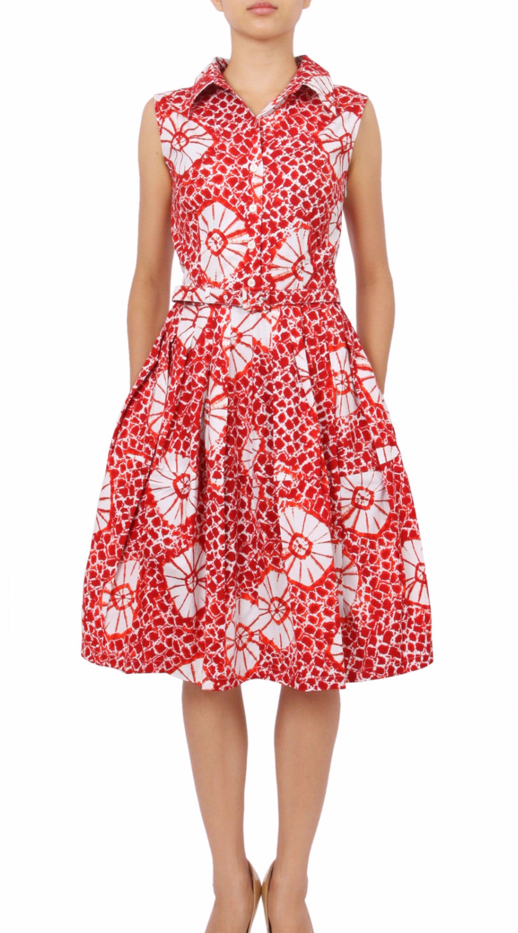 Sleeveless | Itajime Shibori | Indian Red White | Front | Shirt Dress By Samantha Sung