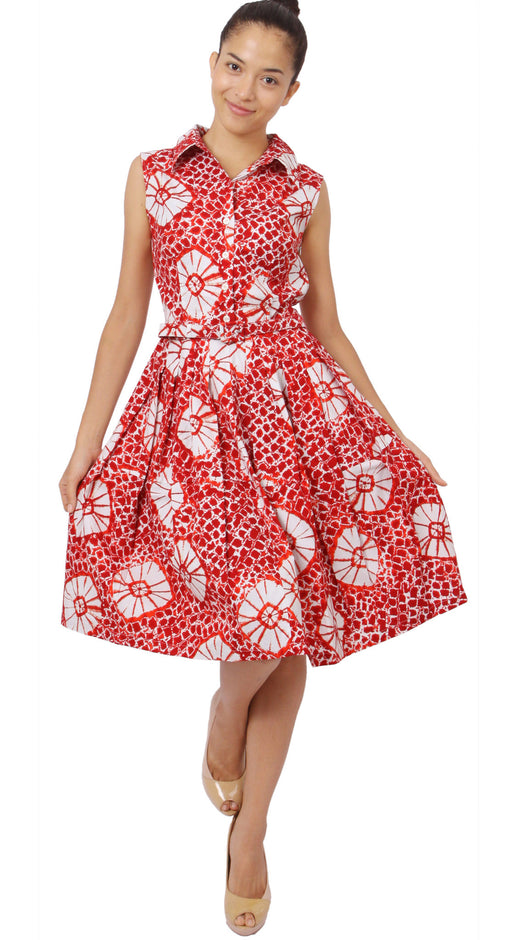 Sleeveless | Itajime Shibori | Indian Red White | Front-1 | Shirt Dress By Samantha Sung