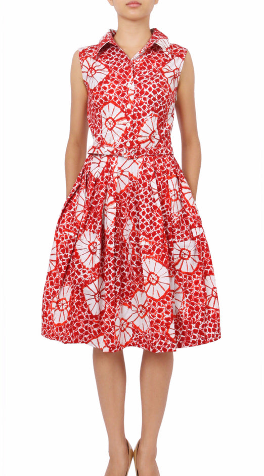 Sleeveless | Itajime Shibori | Indian Red White | Front-1 | Shirt Dress By Samantha Sung
