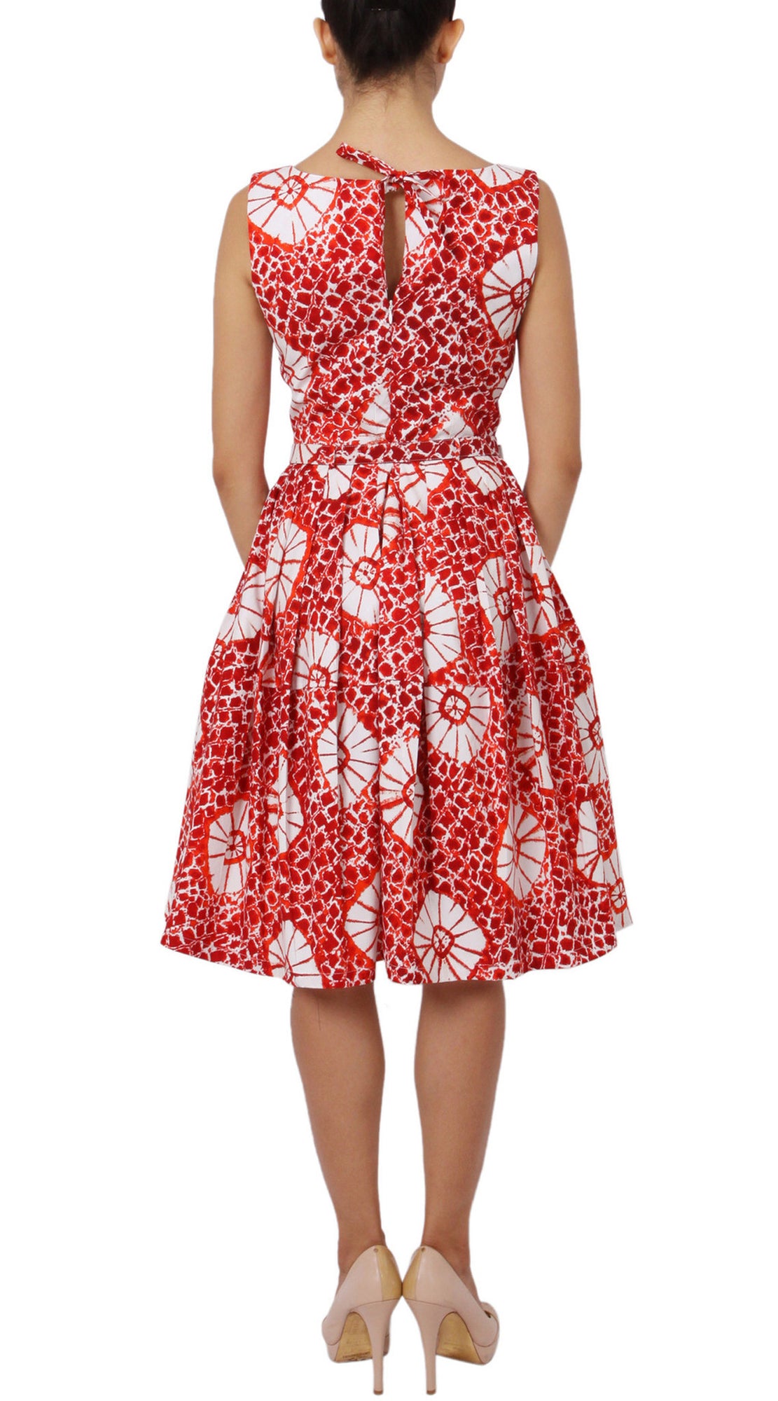 Sleeveless | Itajime Shibori | Indian Red White | Back | Shirt Dress By Samantha Sung
