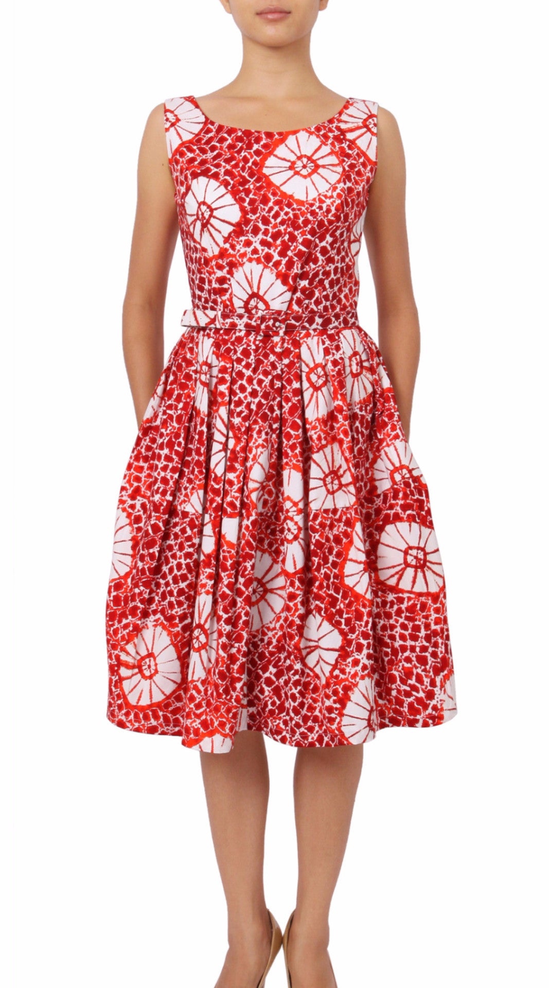 Sleeveless | Itajime Shibori | Indian Red White | Front | Shirt Dress By Samantha Sung