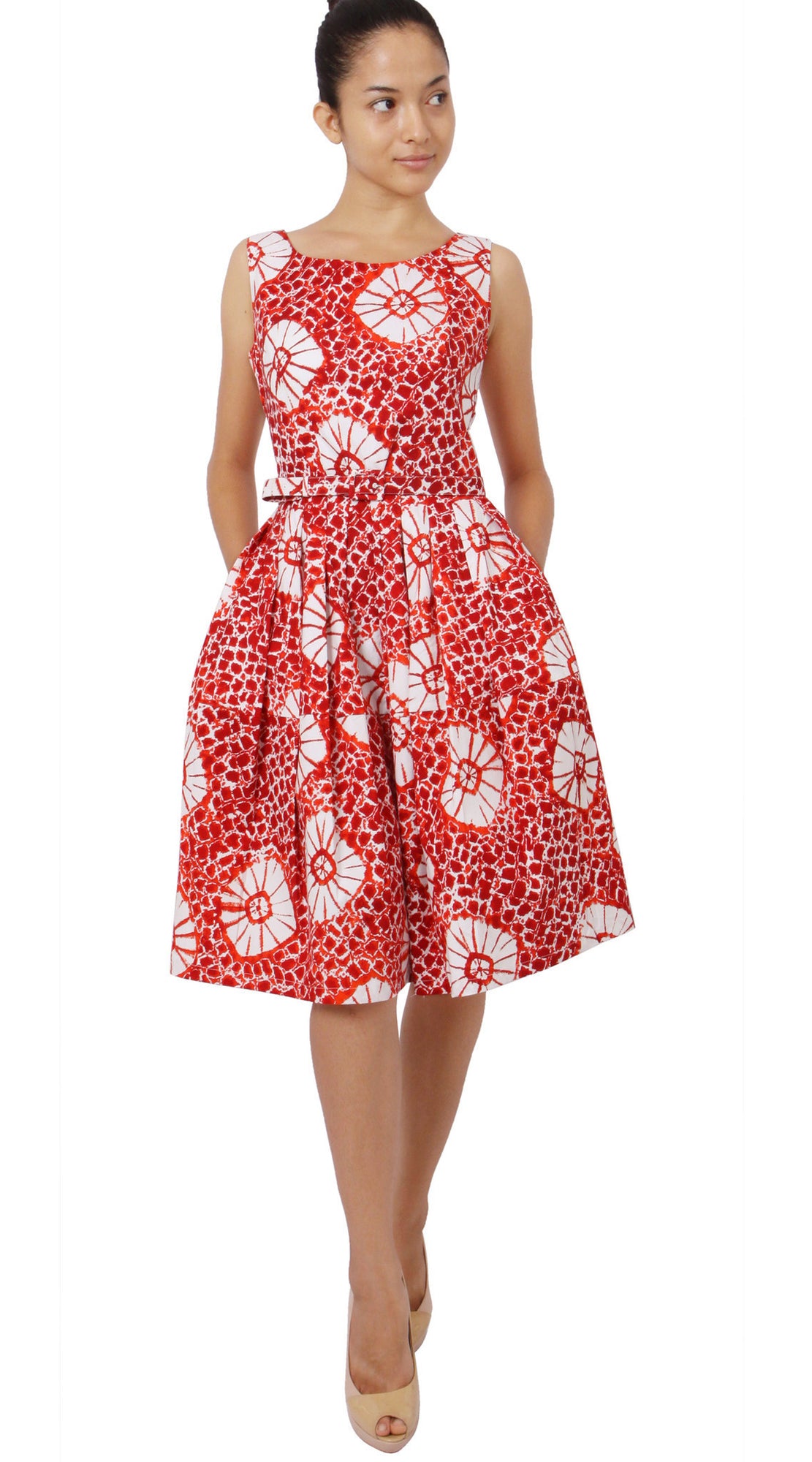 Sleeveless | Itajime Shibori | Indian Red White | Front-1 | Shirt Dress By Samantha Sung