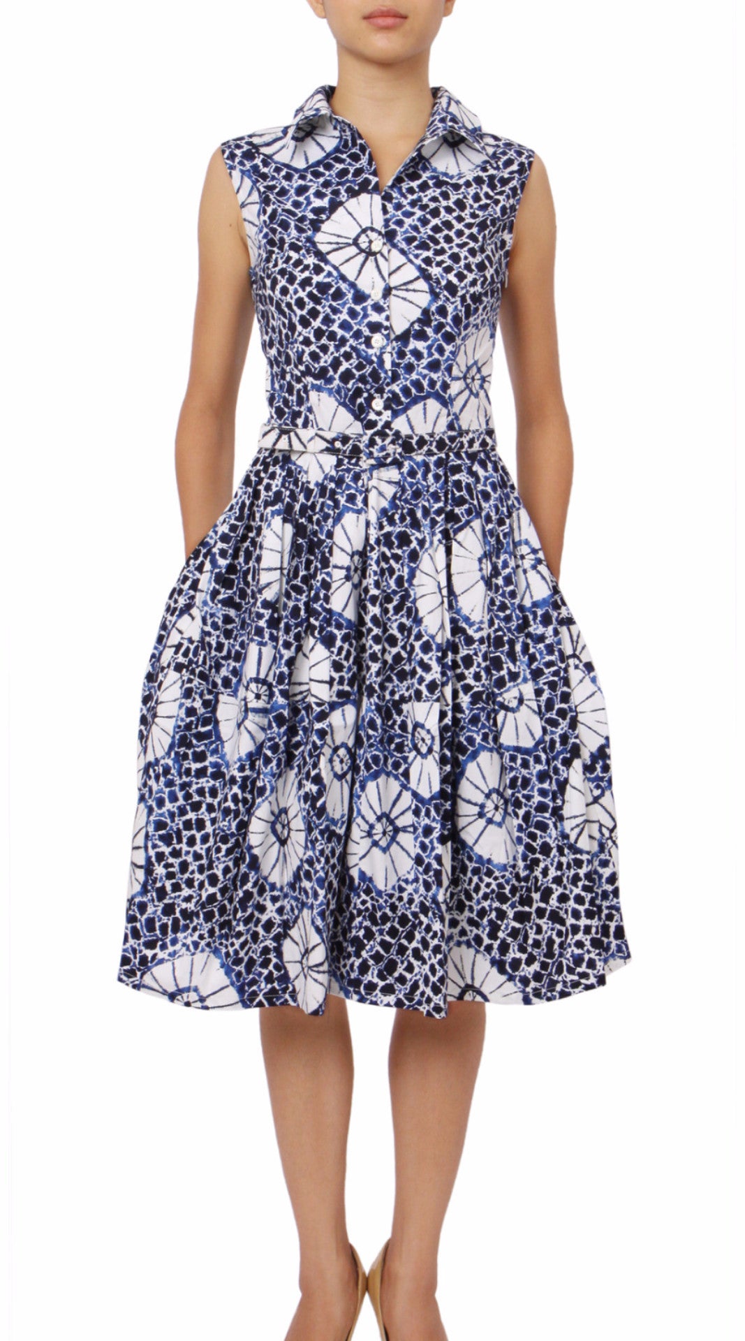 Sleeveless | Itajime Shibori | Indigo White | Front | Shirt Dress By Samantha Sung