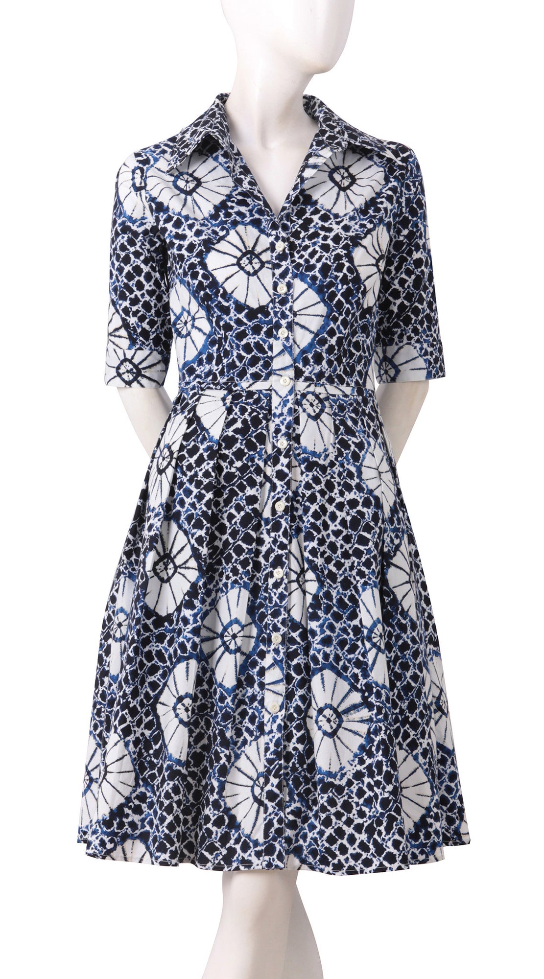 1/2 Sleeve | Itajime Shibori | Indigo White | Front | Shirt Dress By Samantha Sung
