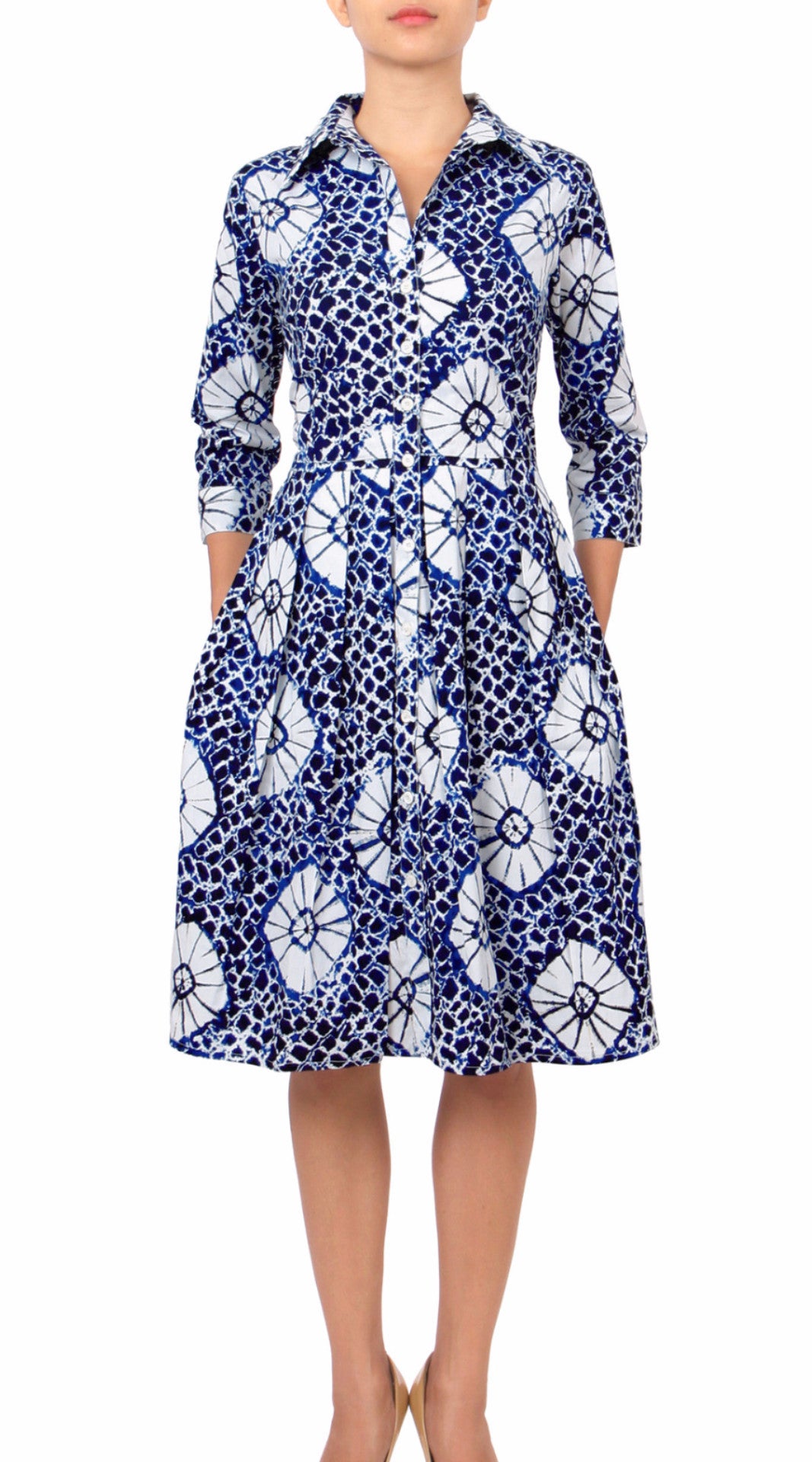 3/4 Sleeve | Itajime Shibori | Indigo White | Front | Shirt Dress By Samantha Sung