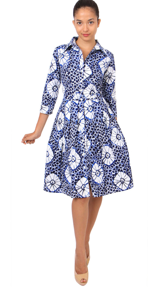 3/4 Sleeve | Itajime Shibori | Indigo White | Front-1 | Shirt Dress By Samantha Sung