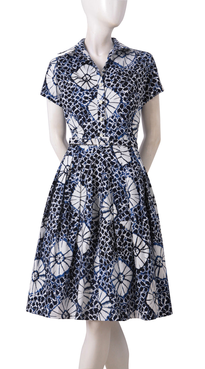 Short Sleeve | Itajime Shibori | Indigo White | Front | Shirt Dress By Samantha Sung