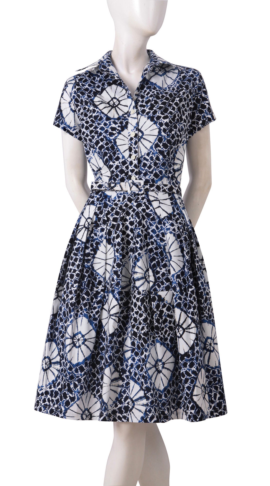 Short Sleeve | Itajime Shibori | Indigo White | Front | Shirt Dress By Samantha Sung
