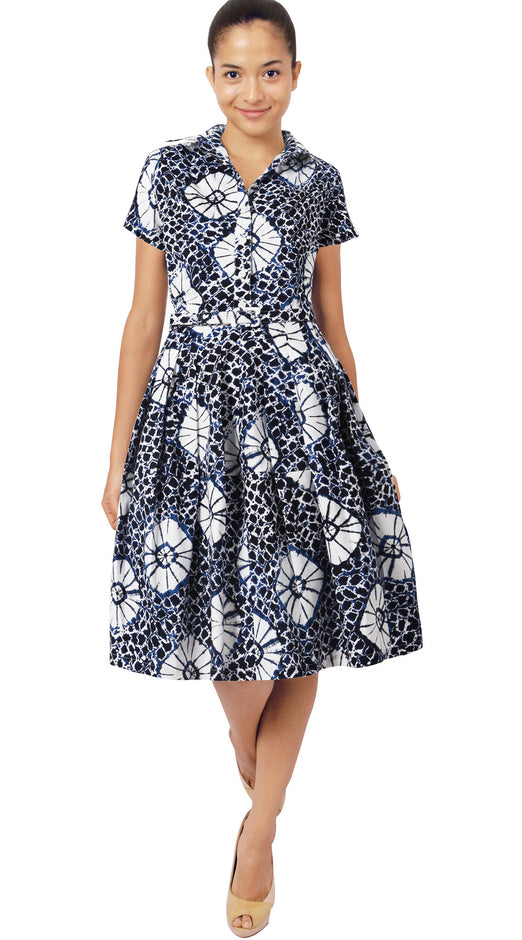 Short Sleeve | Itajime Shibori | Indigo White | Front | Shirt Dress By Samantha Sung