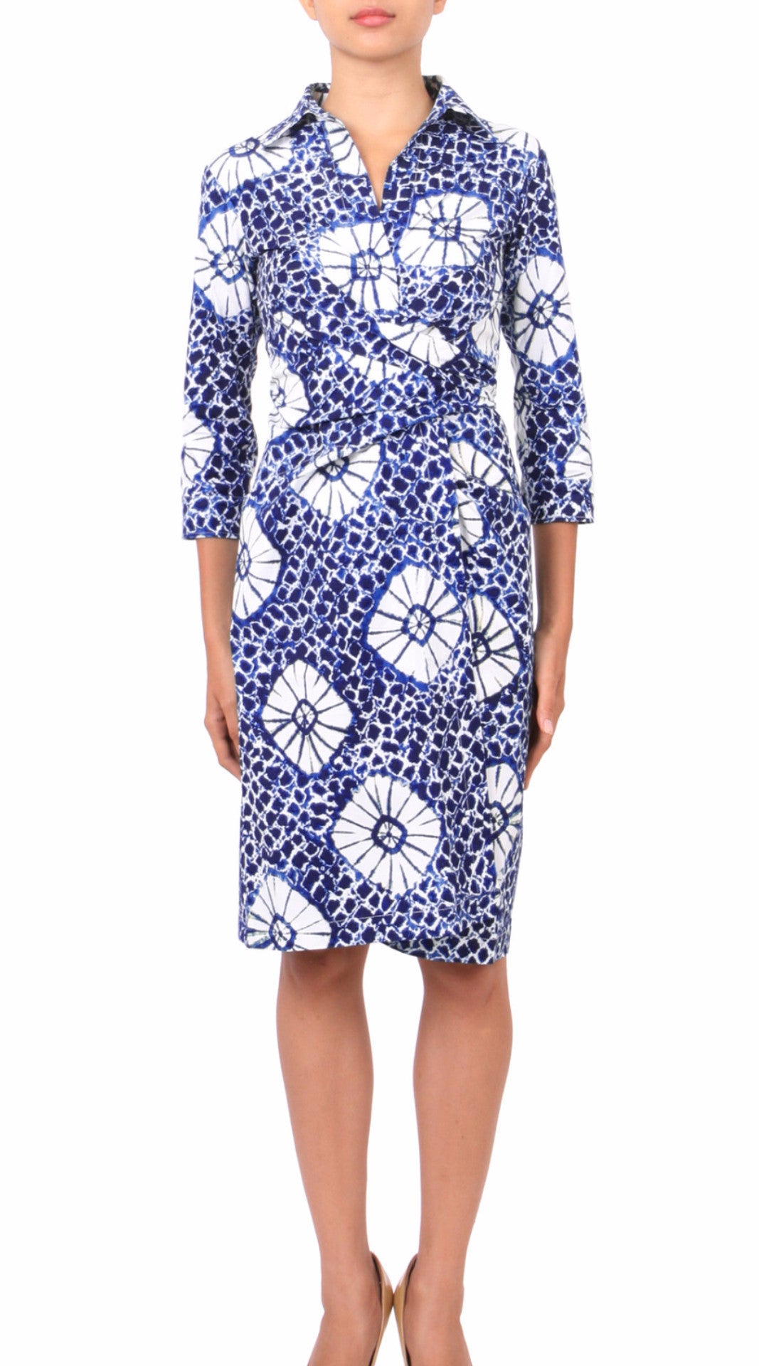 3/4 Sleeve | Jean Arp | Indigo White | Front | Shirt Dress By Samantha Sung