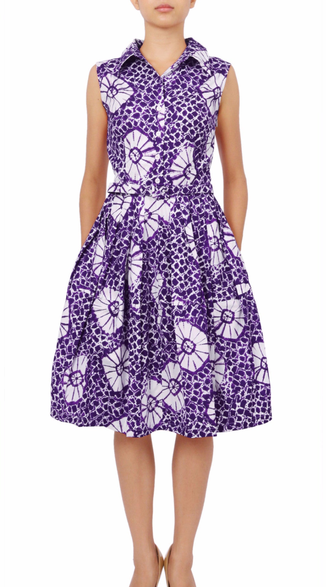 Sleeveless | Itajime Shibori | Lilac White | Front | Shirt Dress By Samantha Sung